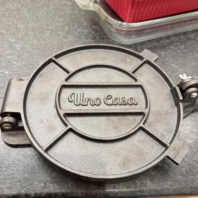 LOT 257K: Baking Collection: Calaphon Muffin Tin, Cast Iron “Una Cosa” Tortilla Press & More