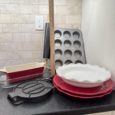 LOT 257K: Baking Collection: Calaphon Muffin Tin, Cast Iron “Una Cosa” Tortilla Press & More