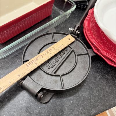 LOT 257K: Baking Collection: Calaphon Muffin Tin, Cast Iron “Una Cosa” Tortilla Press & More