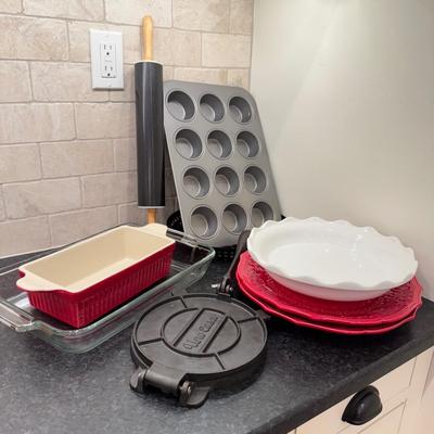 LOT 257K: Baking Collection: Calaphon Muffin Tin, Cast Iron “Una Cosa” Tortilla Press & More