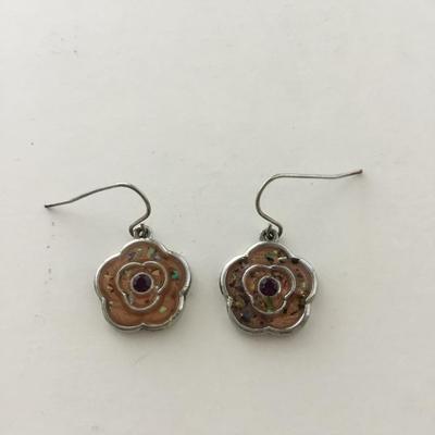 Silver tone orange flower dangle earrings