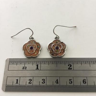 Silver tone orange flower dangle earrings