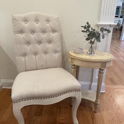 LOT 271K: White Chair w/ Side Table & Decor