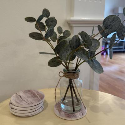 LOT 271K: White Chair w/ Side Table & Decor