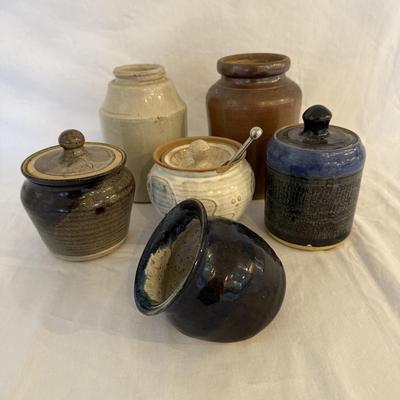 Six Signed Pottery Honey/Sugar Lidded Jars & More (K-SS)