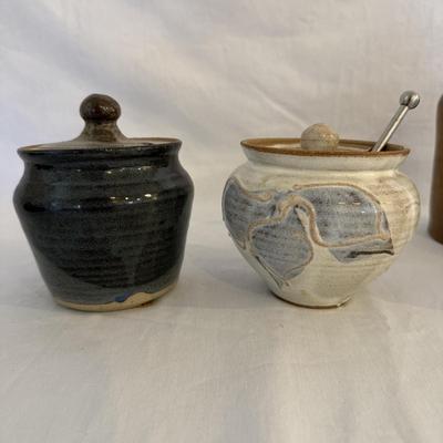 Six Signed Pottery Honey/Sugar Lidded Jars & More (K-SS)