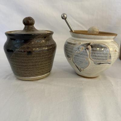Six Signed Pottery Honey/Sugar Lidded Jars & More (K-SS)
