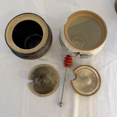 Six Signed Pottery Honey/Sugar Lidded Jars & More (K-SS)