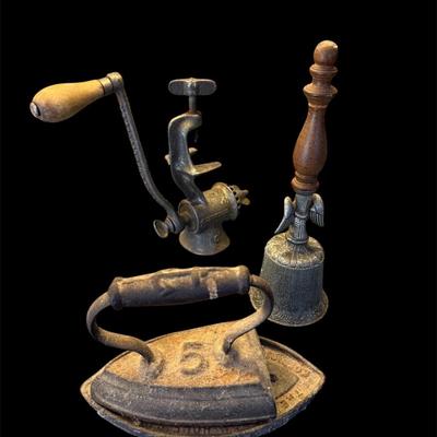Lot 18: Candle Stick, Iron, Grinder And Bell