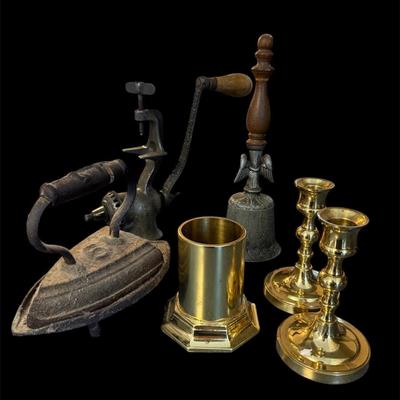 Lot 18: Candle Stick, Iron, Grinder And Bell