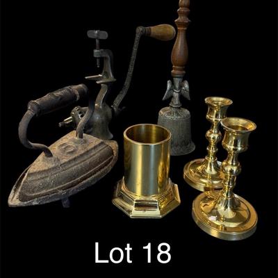 Lot 18: Candle Stick, Iron, Grinder And Bell