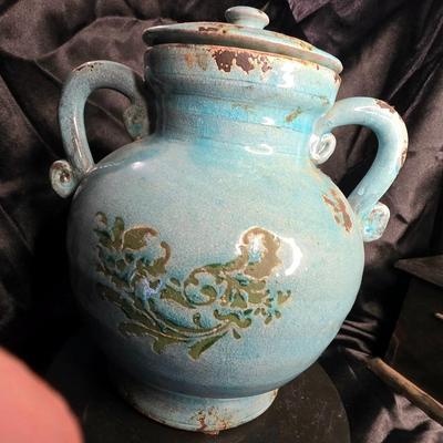 Vintage Inspired Turquoise Crackle Glaze Ceramic Two-Handled Amphora Vase – Distressed Mediterranean Farmhouse Decor