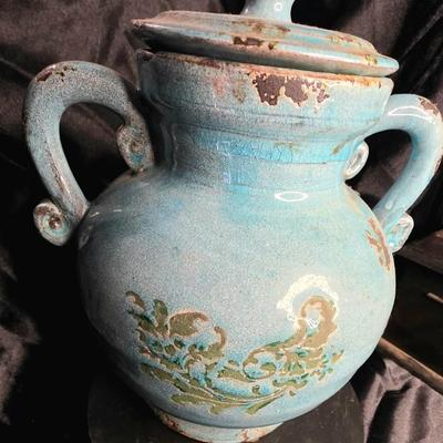 Vintage Inspired Turquoise Crackle Glaze Ceramic Two-Handled Amphora Vase – Distressed Mediterranean Farmhouse Decor