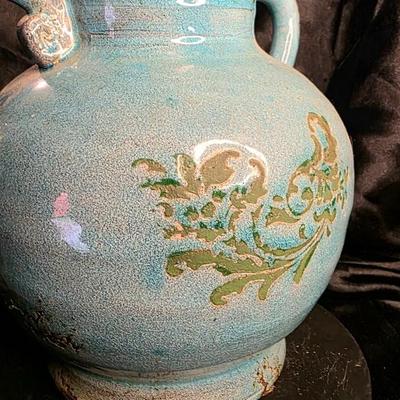 Vintage Inspired Turquoise Crackle Glaze Ceramic Two-Handled Amphora Vase – Distressed Mediterranean Farmhouse Decor
