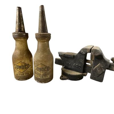 Lot 25: Vintage Sunoco Motor Oil Bottles And Vice