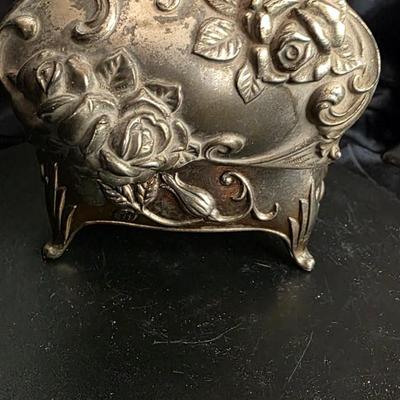 Vintage Japanese Art Nouveau Rose Metal Jewelry Box – Silver-Tone Trinket Casket with Red Velvet Interior