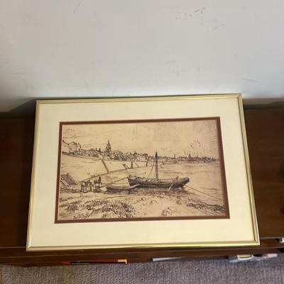 Vintage Framed Print of Vincent van Gogh's Bank of the Rhône at Arles Drawing (1888) – Arles Riversi