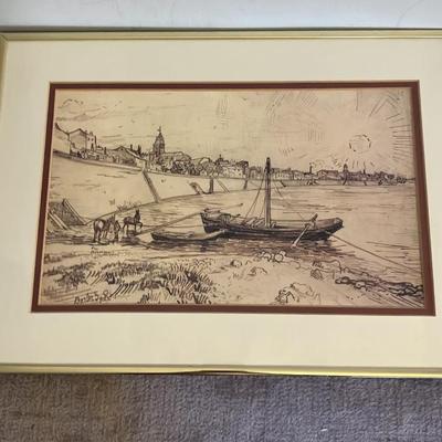 Vintage Framed Print of Vincent van Gogh's Bank of the Rhône at Arles Drawing (1888) – Arles Riversi