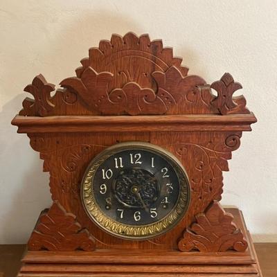 Antique E. Ingraham Eastlake Carved Oak Mantle Clock - 1880s, Original Works, Pendulum & Key, 14x14"