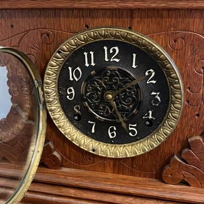Antique E. Ingraham Eastlake Carved Oak Mantle Clock - 1880s, Original Works, Pendulum & Key, 14x14"