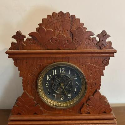 Antique E. Ingraham Eastlake Carved Oak Mantle Clock - 1880s, Original Works, Pendulum & Key, 14x14"