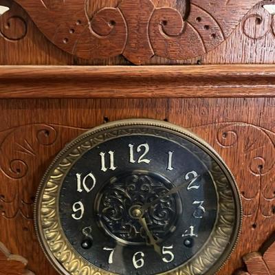 Antique E. Ingraham Eastlake Carved Oak Mantle Clock - 1880s, Original Works, Pendulum & Key, 14x14"