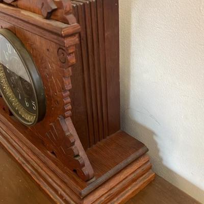 Antique E. Ingraham Eastlake Carved Oak Mantle Clock - 1880s, Original Works, Pendulum & Key, 14x14"