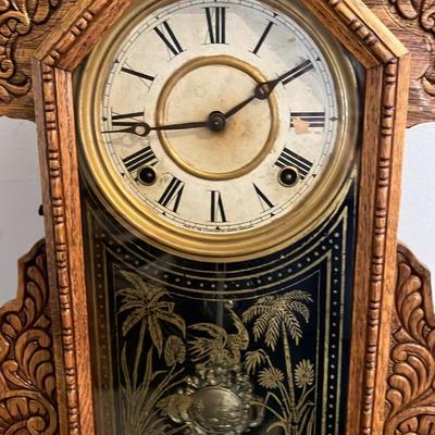 Antique Victorian E. Ingraham Oak Gingerbread Mantel Clock w/ Original Pendulum & Key - Runs Great!