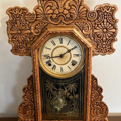 Antique Victorian E. Ingraham Oak Gingerbread Mantel Clock w/ Original Pendulum & Key - Runs Great!