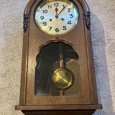 Antique Ornate German Oak Pendulum Wall Clock - 23"H Working w/ Key & Pendulum - Solid Wood