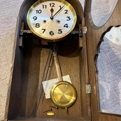 Antique Ornate German Oak Pendulum Wall Clock - 23"H Working w/ Key & Pendulum - Solid Wood