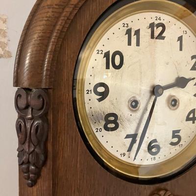 Antique Ornate German Oak Pendulum Wall Clock - 23"H Working w/ Key & Pendulum - Solid Wood