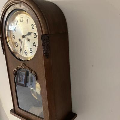 Antique Ornate German Oak Pendulum Wall Clock - 23"H Working w/ Key & Pendulum - Solid Wood