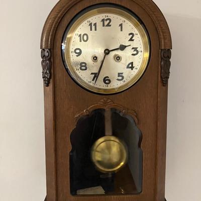 Antique Ornate German Oak Pendulum Wall Clock - 23"H Working w/ Key & Pendulum - Solid Wood