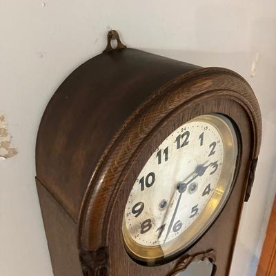 Antique Ornate German Oak Pendulum Wall Clock - 23"H Working w/ Key & Pendulum - Solid Wood