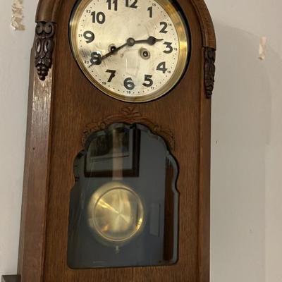 Antique Ornate German Oak Pendulum Wall Clock - 23"H Working w/ Key & Pendulum - Solid Wood