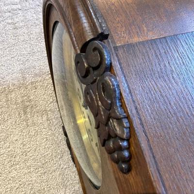 Antique Ornate German Oak Pendulum Wall Clock - 23"H Working w/ Key & Pendulum - Solid Wood