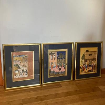 Mid-Century Set of 3 Framed Mughal-Style Indian Miniature Paintings on Rice Paper - 17x21" Framed