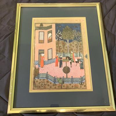 Mid-Century Set of 3 Framed Mughal-Style Indian Miniature Paintings on Rice Paper - 17x21" Framed