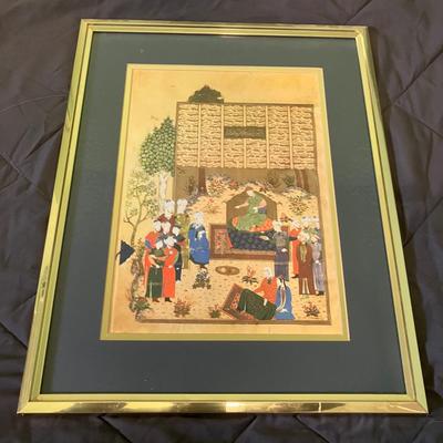 Mid-Century Set of 3 Framed Mughal-Style Indian Miniature Paintings on Rice Paper - 17x21" Framed