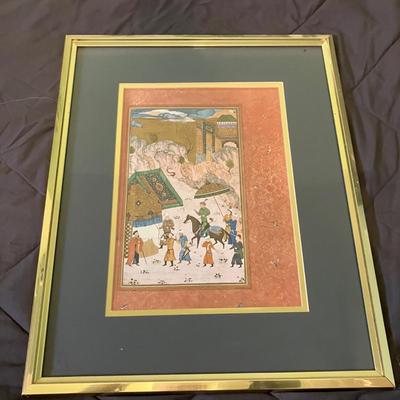 Mid-Century Set of 3 Framed Mughal-Style Indian Miniature Paintings on Rice Paper - 17x21" Framed