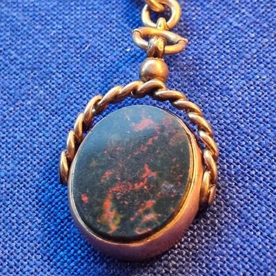 Sale Photo Thumbnail #442: Beautiful swivel watch fob with chain
Marked M & M
15-625   with an anchor mark ( 15-625 is British marking), 15 c gold, 62.5 percent pure)
Victorian  Edwardian  Art Deco Era piece