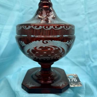 Sale Photo Thumbnail #458: Vintage Bohemian ruby cut to clear engraved candy dish.
Etchings of trees, buildings, and deer
late 19th century or early 20th century
9.5 inches tall, 6 inch diameter