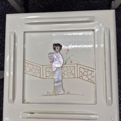 Sale Photo Thumbnail #473: Lovely set of 3 stacking tables in white lacquer 
There are a few small chips in the lacquer
Images in excellent condition 
large is 20 x 14 x 26 inches tall
medium is 13 x 10 x 18 inches tall
small is 9 x 9 x 14 inches tall