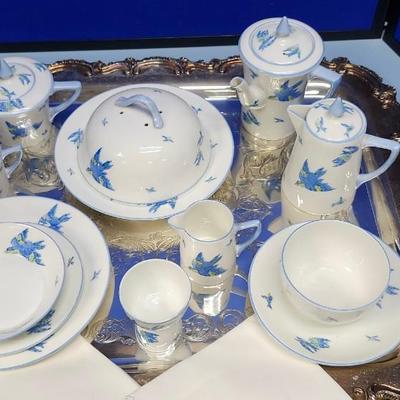 Sale Photo Thumbnail #479: This spectacular setting comes just as it was used for many many years for a ladies breakfast!
Included with this magnificent setting is the silver plate butlers tray. 
This is bone chine, dating from 1909 to 1910, made in England.
Included are:  2 piece 