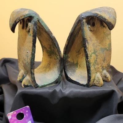 Sale Photo Thumbnail #482: Mid Century, in the style of Isamu Noguchi
Cast or forged in Japan, circa 1950s
Multi step finish with a dark patina
Touches of green and gold gilt 
These are quite heavy
Retail is up to $1300