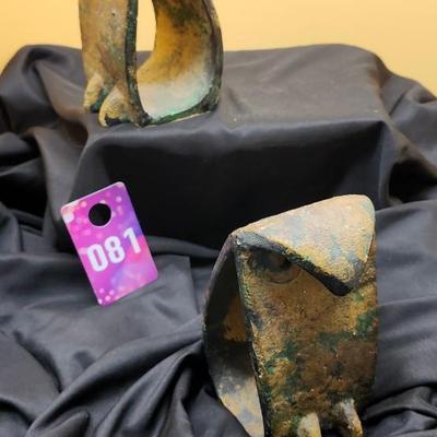 Sale Photo Thumbnail #484: Mid Century, in the style of Isamu Noguchi
Cast or forged in Japan, circa 1950s
Multi step finish with a dark patina
Touches of green and gold gilt 
These are quite heavy
Retail is up to $1300