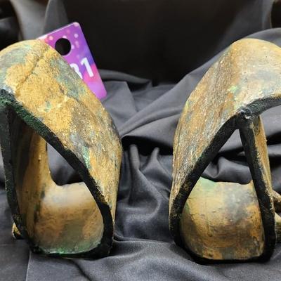 Sale Photo Thumbnail #483: Mid Century, in the style of Isamu Noguchi
Cast or forged in Japan, circa 1950s
Multi step finish with a dark patina
Touches of green and gold gilt 
These are quite heavy
Retail is up to $1300