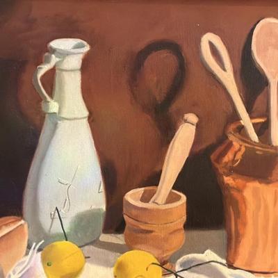 Oil Painting of Rustic Harvest Still Life: Lemons, Bread, and Copper Glow (Mid-20th Century Oil)