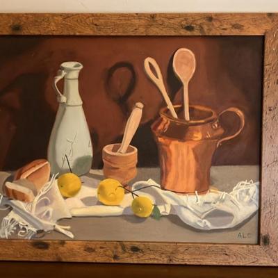 Oil Painting of Rustic Harvest Still Life: Lemons, Bread, and Copper Glow (Mid-20th Century Oil)